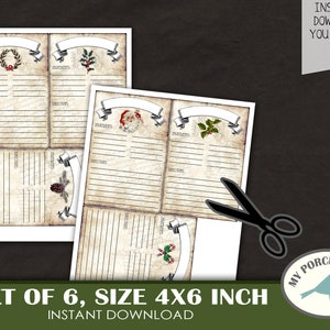 May include: Set of six printable recipe cards featuring a vintage design with Christmas-themed illustrations. Each card is 4x6 inches and includes sections for ingredients and directions.