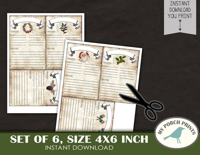 May include: Set of six printable recipe cards featuring a vintage design with Christmas-themed illustrations. Each card is 4x6 inches and includes sections for ingredients and directions.