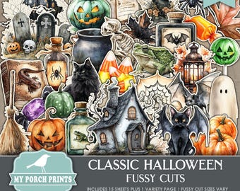 Könnte beinhalten: Ein digitaler Download von 15 druckbaren Blättern mit Halloween-Motiven zum Ausschneiden. Die Bilder beinhalten einen Hexenhut, eine schwarze Katze, ein Gespenst, einen Kürbis, ein Haus, eine Spinne, einen Frosch, einen Kessel, eine Laterne, eine Fledermaus, einen Zuckermais, ein Buch, einen Grabstein, einen Besen und eine Vielzahl anderer Halloween-Elemente.