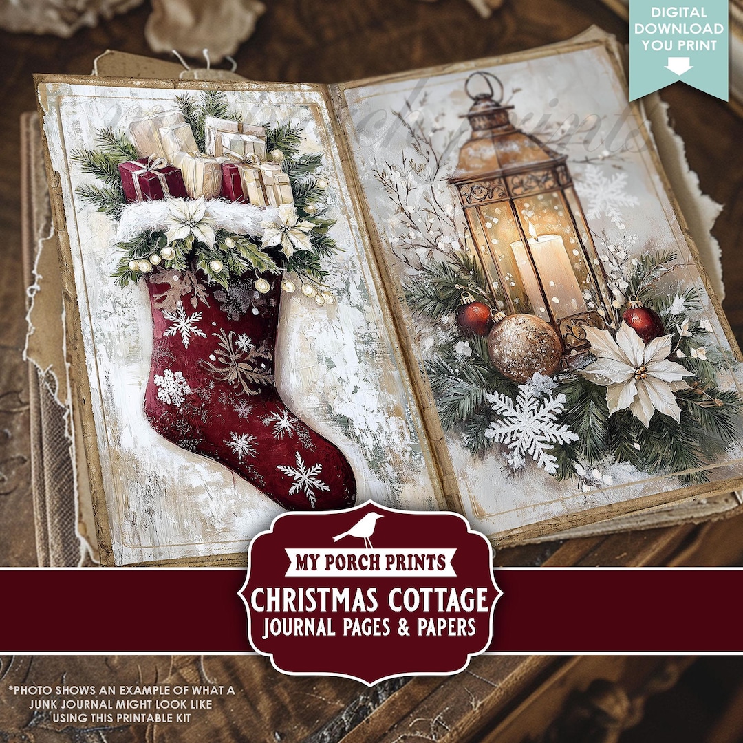 Christmas Cottage Junk Journal PAGES & PAPERS, Vintage, Holiday, Red ...