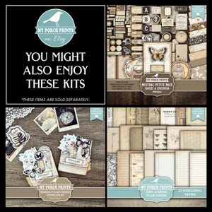 Puede incluir: Una colecci&oacute;n de descarga digital que presenta tres kits distintos: Neutral Petite Pack con papeles y ef&iacute;mera, Neutral Pocket Hidden Paperclips Kit y Junk Journal Filler Papers. Cada kit muestra gr&aacute;ficos de estilo vintage, mariposas y texto.