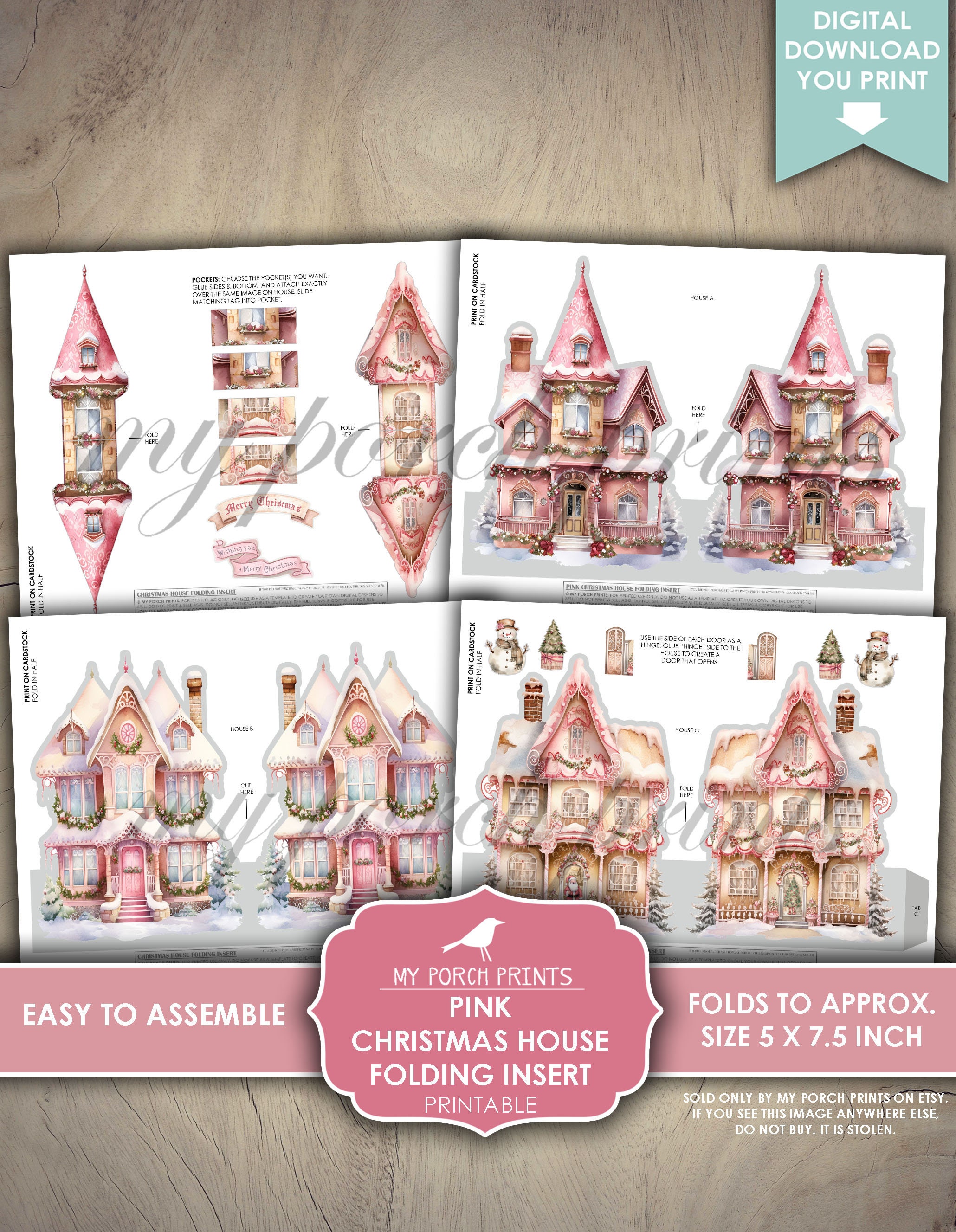 Pink Christmas House Folding Card, Junk Journal, Insert, Kit, 3D, Craft ...
