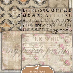 Op de afbeelding: Een digitale printbare journal-kit met vijf papieren met een koffieshop-thema. De papieren bevatten een vintage krantenontwerp, een patroon van koffiekopjes en gebak, en een ontwerp met de woorden "Espresso Coffee Bean Caffeine" en "Drink Mocha Cappuccino".