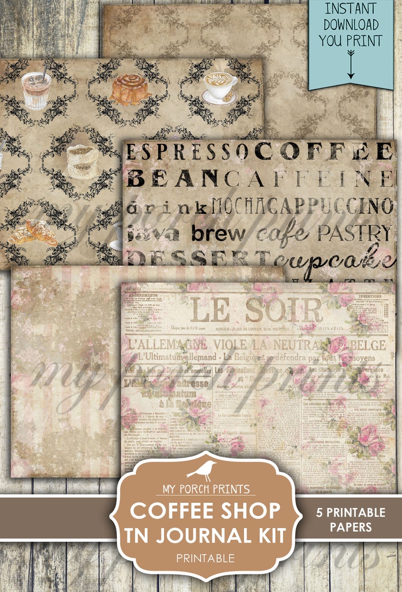 Op de afbeelding: Een digitale printbare journal-kit met vijf papieren met een koffieshop-thema. De papieren bevatten een vintage krantenontwerp, een patroon van koffiekopjes en gebak, en een ontwerp met de woorden "Espresso Coffee Bean Caffeine" en "Drink Mocha Cappuccino".