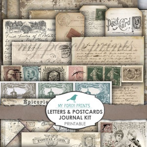 Zestaw Junk Journal, Listy, Pocztówki, Papier do druku, Neutralny, Poczta, Vintage, Skrypt, Ephemera, Sklep My Porch Prints, Pobieranie cyfrowe