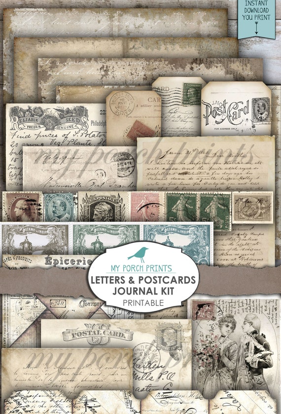 Junk Journal Kit, Letters, Postcards, Printable Paper, Neutral, Mail,  Vintage, Script, Ephemera, My Porch Prints Store, Digital Download 