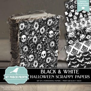Black & White Halloween Scrappy Papers, Junk Journal, Pages, Fall, Backing, Collage, Craft, My Porch Prints, Printable, Digital Download