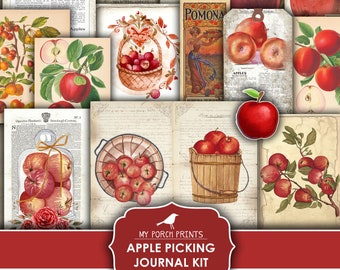 May include: Printable journal kit with a red, white, and green color scheme featuring images of apples, baskets, and vintage text. The kit is titled "Apple Picking Journal Kit".