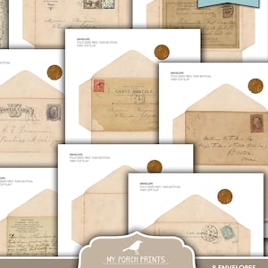 May include: Eight printable vintage envelope designs with neutral colors and handwritten text. The envelopes are approximately 3.25 inches by 5.25 inches.