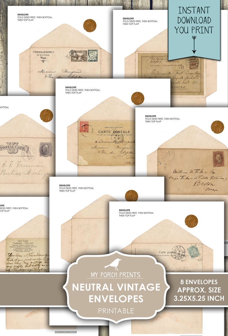 May include: Eight printable vintage envelope designs with neutral colors and handwritten text. The envelopes are approximately 3.25 inches by 5.25 inches.