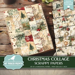 Christmas Collage Scrappy Papers, Junk Journal, Pages, Holiday, Winter, Red, Backing, Craft, My Porch Prints, Printable, Digital Download
