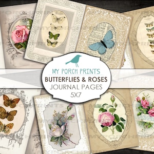 Butterflies & Roses, Journal Pages, Printable Paper, junk journal kit, ephemera, Frame, romantic, shabby, scrapbook, collage sheet, vintage