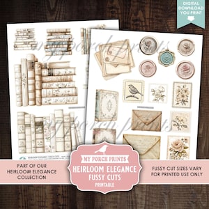 May include: Digital printable fussy cuts featuring vintage book stacks, envelopes, stamps, and wax seals. The designs are in soft beige, cream, and pastel colors, with floral and botanical accents. The text reads "Heirloom Elegance Fussy Cuts Printable."