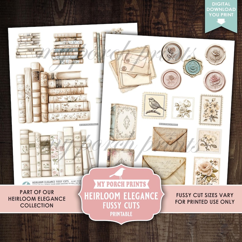 May include: Digital printable fussy cuts featuring vintage book stacks, envelopes, stamps, and wax seals. The designs are in soft beige, cream, and pastel colors, with floral and botanical accents. The text reads "Heirloom Elegance Fussy Cuts Printable."
