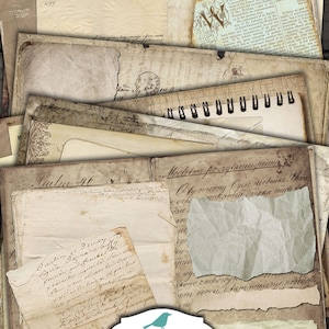 K&ouml;nnte beinhalten: Satz von sechs druckbaren 8,5 x 11 Zoll alten Papier-Collagebl&auml;ttern. Die Papiere sind gealtert und haben einen Vintage-Look mit handschriftlichem Text und einem abgenutzten Aussehen.