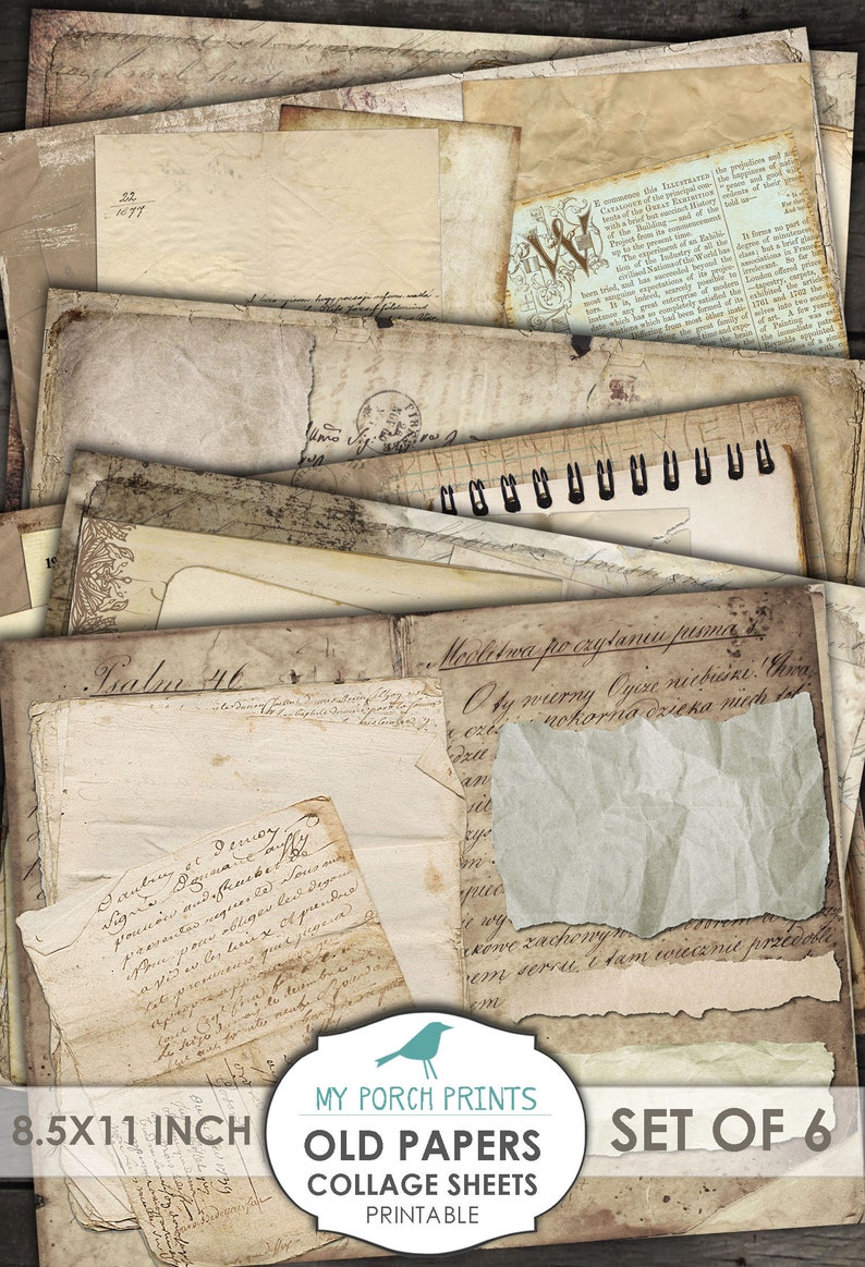 K&ouml;nnte beinhalten: Satz von sechs druckbaren 8,5 x 11 Zoll alten Papier-Collagebl&auml;ttern. Die Papiere sind gealtert und haben einen Vintage-Look mit handschriftlichem Text und einem abgenutzten Aussehen.