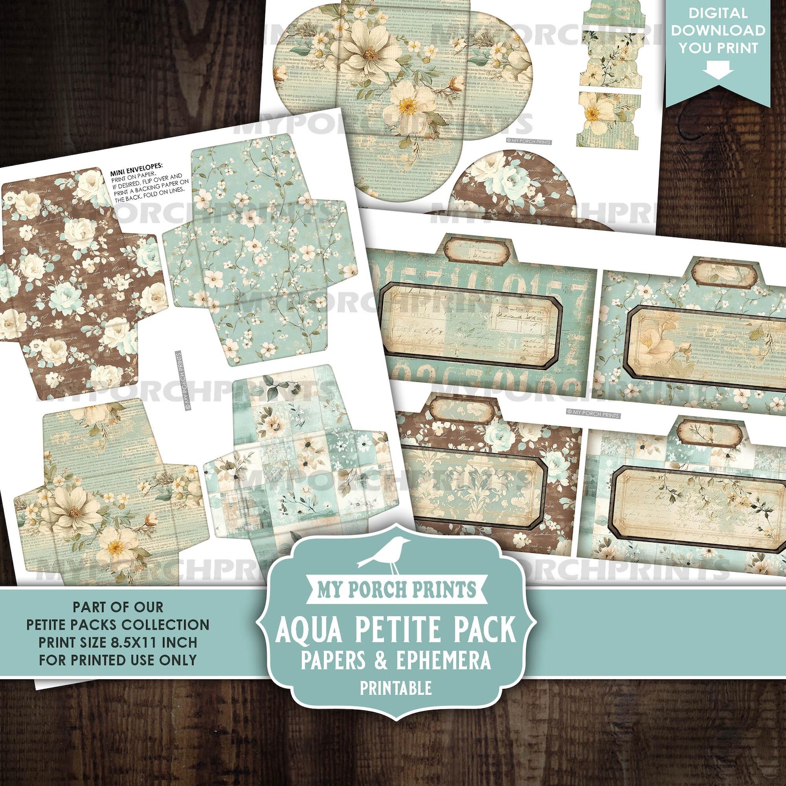 Aqua Petite Pack Junk Journal Ephemera and Papers Kit, Blue, Teal ...