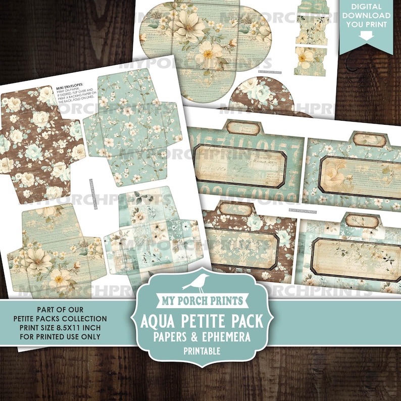 May include: A collection of printable papers and ephemera, featuring floral and vintage designs in shades of aqua, brown, and cream. Includes mini envelopes and file folder templates. The print size is 8.5x11 inches.