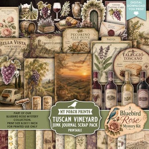 Pode incluir: Uma coleção de efêmeros imprimíveis com temas de vinhedos toscanos, incluindo ilustrações de garrafas de vinho, uvas, queijo, lavanda, paisagens e rótulos vintage com texto como Bella Vista Vineyards e Pecorino Alle Olive.