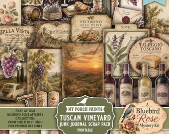 May include: A collection of printable ephemera featuring Tuscan vineyard themes, including illustrations of wine bottles, grapes, cheese, lavender, landscapes, and vintage labels with text like Bella Vista Vineyards and Pecorino Alle Olive.
