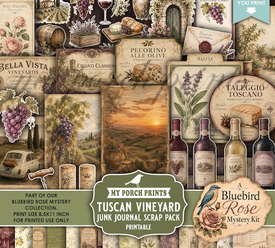 Bluebird Rose Mystery Tuscan Vineyard Scrap Pack — Vintage Wine Italy Junk Journal Kit