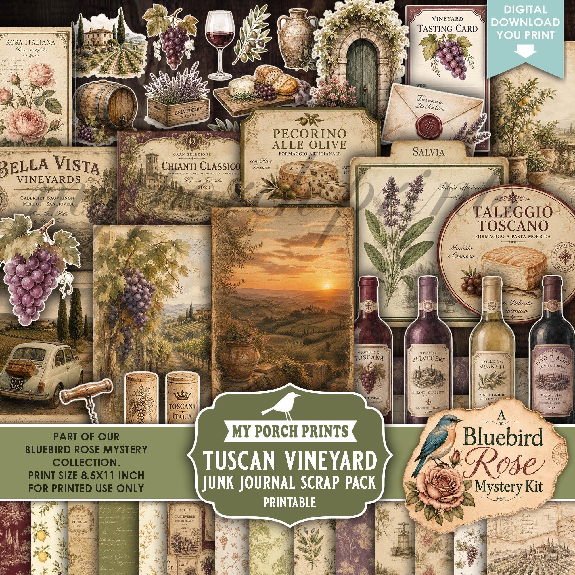 Bluebird Rose Mystery Tuscan Vineyard Scrap Pack, Junk Journal Kit Papers Vintage Wine Italy My Porch Prints Printable Digital Download