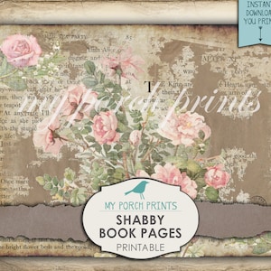 May include: Printable digital paper featuring a vintage book page with a faded floral design and text. The page is torn and distressed, with a pink rose and green leaves. The text includes the words "Mad Tea Party" and "My Porch Prints".