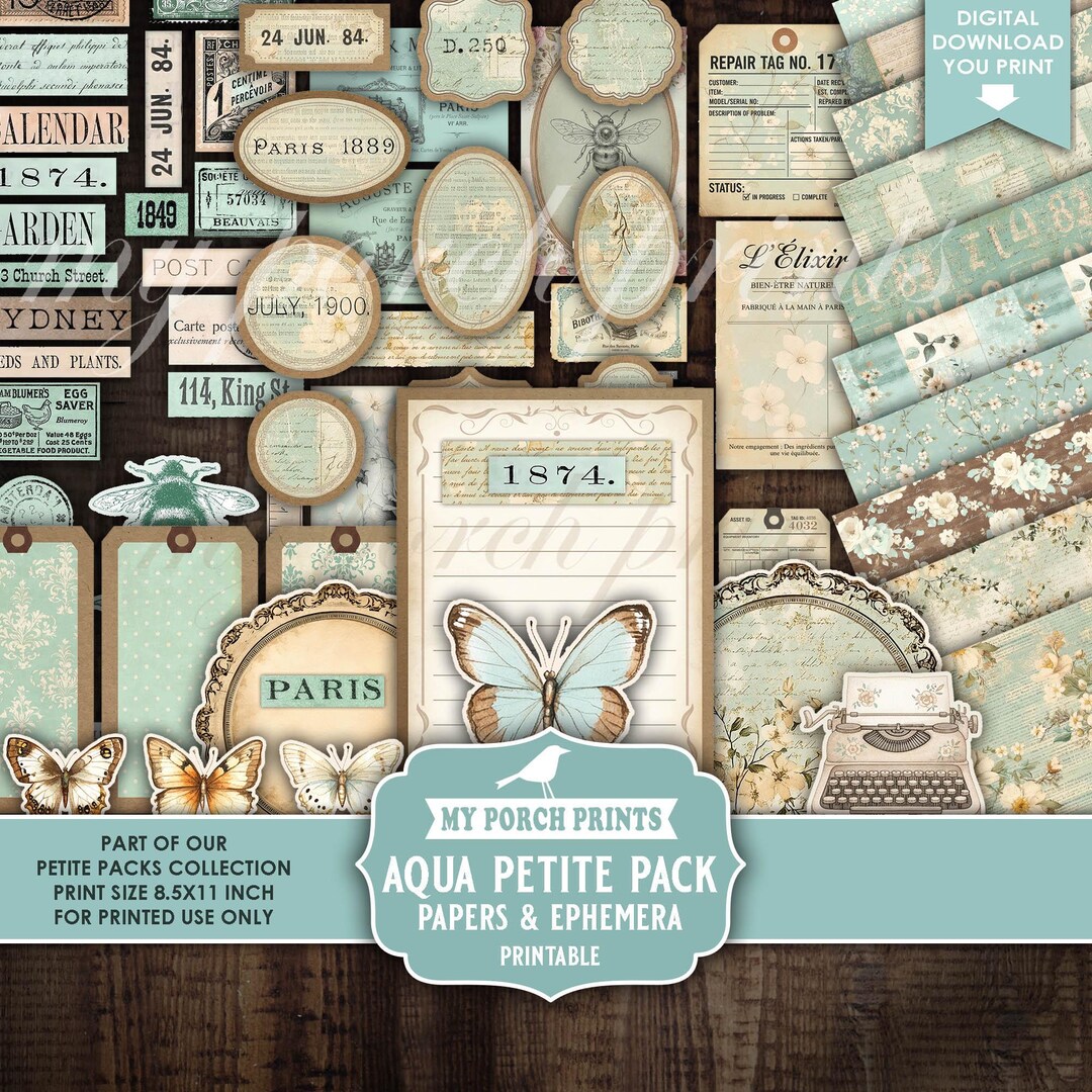 Aqua Petite Pack Junk Journal Ephemera and Papers Kit, Blue, Teal ...