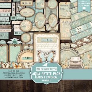 May include: A collection of vintage-style papers and ephemera in shades of teal, brown, and cream. The image includes tags, labels, and patterned papers with butterfly and floral motifs. Text includes "1874" and "Paris".