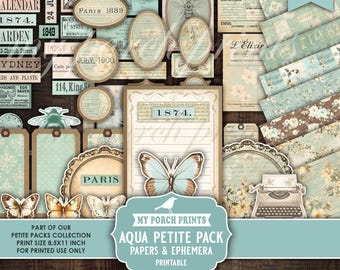 Aqua Petite Pack Junk Journal Ephemera and Papers Kit, Blue, Teal, Labels, Fussy Cuts, Cards, My Porch Prints Printable Digital Download