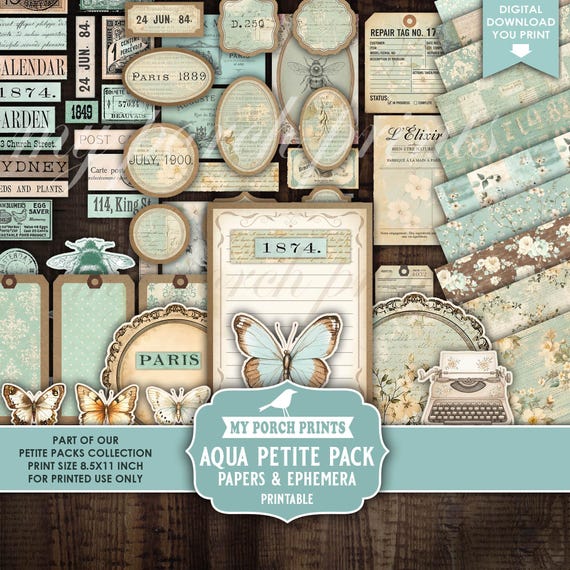 Aqua Petite Pack Junk Journal Ephemera and Papers Kit, Blue, Teal, Labels, Fussy Cuts, Cards, My Porch Prints Printable Digital Download