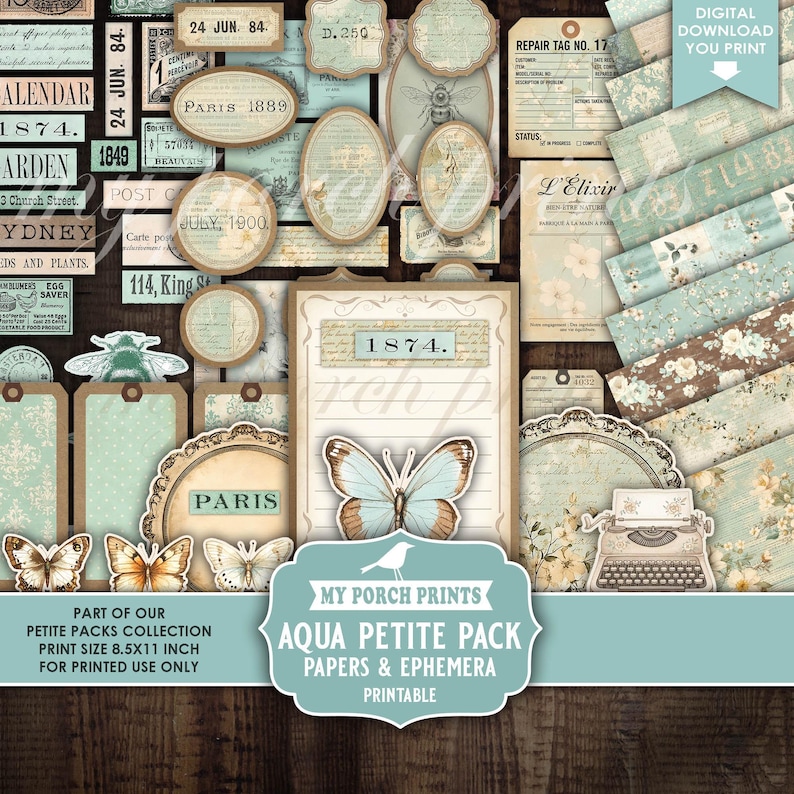 May include: A collection of vintage-style papers and ephemera in shades of teal, brown, and cream. The image includes tags, labels, and patterned papers with butterfly and floral motifs. Text includes "1874" and "Paris".