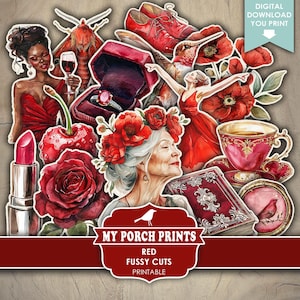 Red Color FUSSY CUTS, Junk Journal, Cricut, Stickers, Elegant, Ephemera, Romance, Lady, Set, My Porch Prints, Printable, Digital Download
