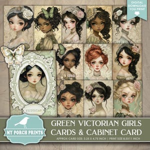 GREEN Victorian Girls Cards and Cabinet Card, Junk Journal, Portrait, Big Eyes, Watercolor, My Porch Prints, Printable, Digital Download