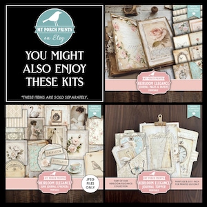 May include: A collage of printable digital kits for junk journals and scrapbooking. The kits include journal pages, ephemera, and journal toppers with vintage floral and antique designs. The text on the image says "My Porch Prints on Etsy."