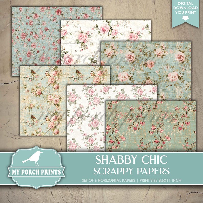 Shabby Chic Scrappy Papers, Junk Journal, Pages, Blue, Pink, Spring, Floral, Backing, Craft, My Porch Prints, Printable, Digital Download bild 3