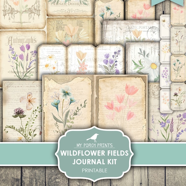 Junk Journal, Kit, Wildflower, Fields, Floral, Wildflowers, Country, Daisies, Butterflies, My Porch Prints, Digital Download, Printable