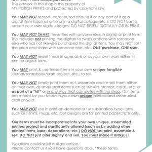 Op de afbeelding: Een witte achtergrond met zwarte tekst die de gebruiksvoorwaarden voor digitale kunstwerken beschrijft. De tekst bevat de zin "My Porch Prints Copyright Notice" en beschrijft de beperkingen voor het gebruik van de kunstwerken. De tekst bevat ook een copyright-symbool.