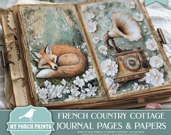 French Country Cottage Junk Journal PAGES & PAPERS, Vintage, Blue, Ivory, Floral, Spring, Farm, My Porch Prints Printable Digital Download