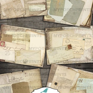 K&ouml;nnte beinhalten: Satz von sechs druckbaren 8,5 x 11 Zoll gro&szlig;en Collage-Bl&auml;ttern mit Vintage-Papiertexturen, darunter Umschl&auml;ge, Postkarten und Kalenderseiten. Die Bl&auml;tter sind f&uuml;r Basteln und Scrapbooking gedacht.