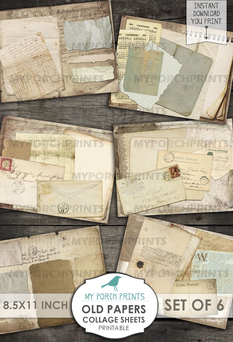 K&ouml;nnte beinhalten: Satz von sechs druckbaren 8,5 x 11 Zoll gro&szlig;en Collage-Bl&auml;ttern mit Vintage-Papiertexturen, darunter Umschl&auml;ge, Postkarten und Kalenderseiten. Die Bl&auml;tter sind f&uuml;r Basteln und Scrapbooking gedacht.