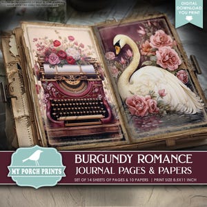 Burgundy Romance Junk Journal PAGES & PAPERS, Red, Purple, Pink, Kit, Valentines Day, Victorian, My Porch Prints, Printable Digital Download
