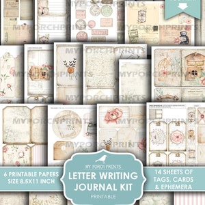 Pu&ograve; includere: Kit di diario di scrittura di lettere stampabile con 6 fogli stampabili, 8,5 x 11 pollici, e 14 fogli di etichette, carte ed ephemera. Il kit presenta un'estetica vintage con motivi floreali, testo scritto a mano e una macchina da scrivere.