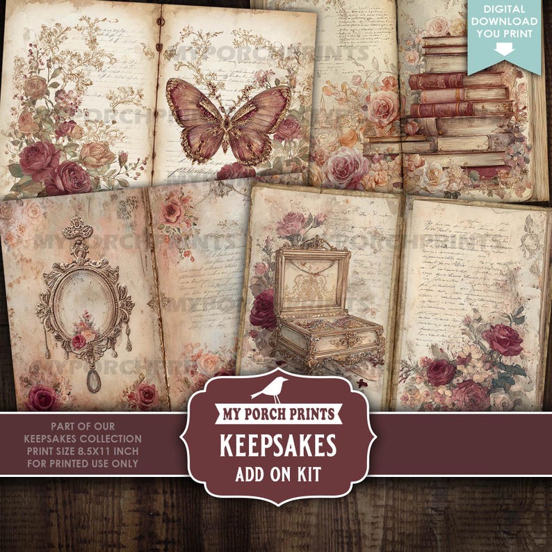 Keepsakes Junk Journal ADD-ON KIT, Ephemera, Burgundy, Vintage, Sepia ...