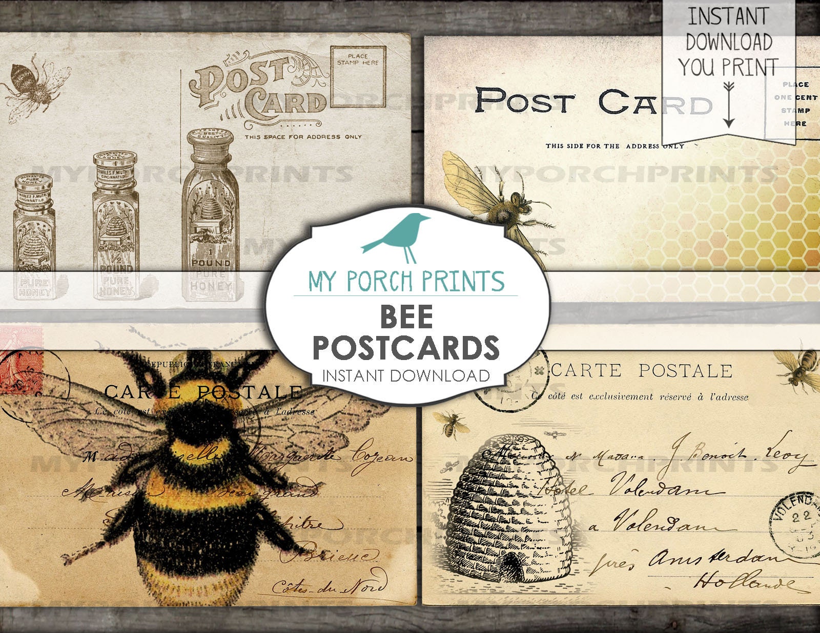 Bee Postcards, Printable Ephemera, Junk Journal Ephemera, Beekeeper ...