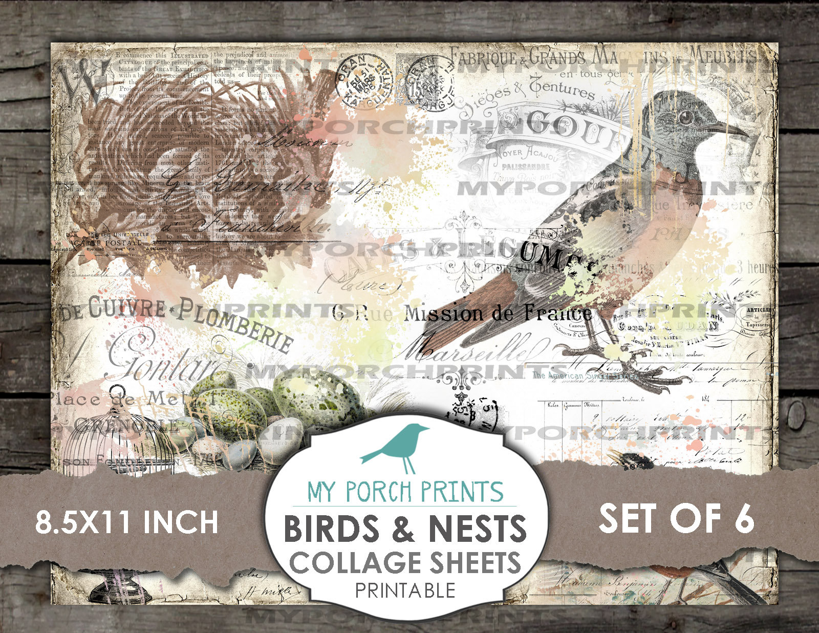 bird-nest-collage-sheet-journal-page-watercolor-my-porch-etsy