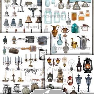 Puede incluir: Ocho hojas imprimibles de im&aacute;genes de estilo vintage, incluyendo candelabros, linternas, campanas, botellas y otros objetos encontrados. Las hojas imprimibles se titulan "Found Objects Fussy Cuts".