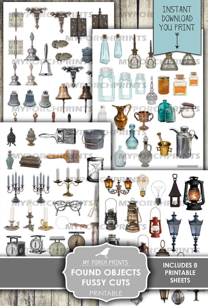 Puede incluir: Ocho hojas imprimibles de im&aacute;genes de estilo vintage, incluyendo candelabros, linternas, campanas, botellas y otros objetos encontrados. Las hojas imprimibles se titulan "Found Objects Fussy Cuts".