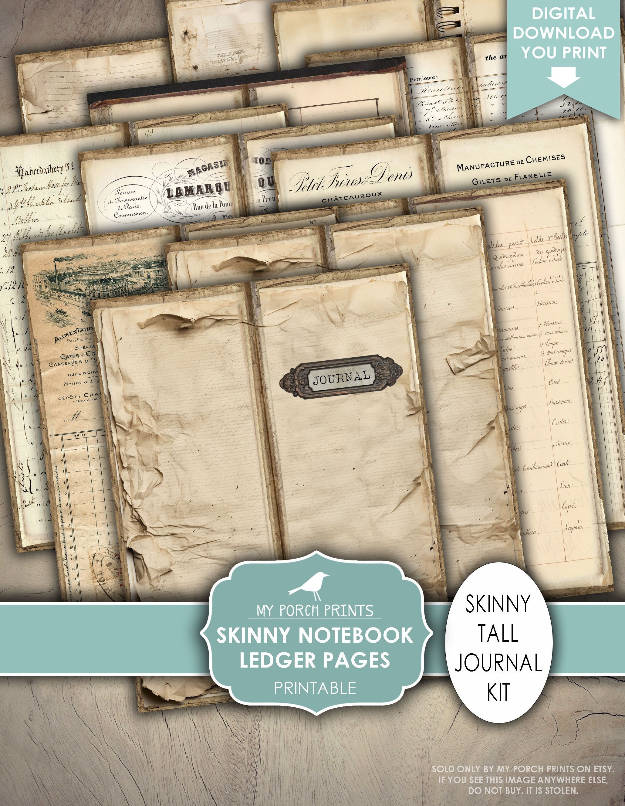 Skinny Notebook Ledger Pages Junk Journal, Tall, 4.25 X 11
