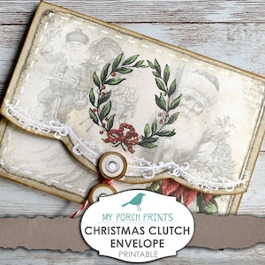 Kerstclutch-envelop, junkjournaal, kortstondige, cadeaukaarthouder, folio, digitale kit, download, afdrukbaar, My Porch wordt afgedrukt